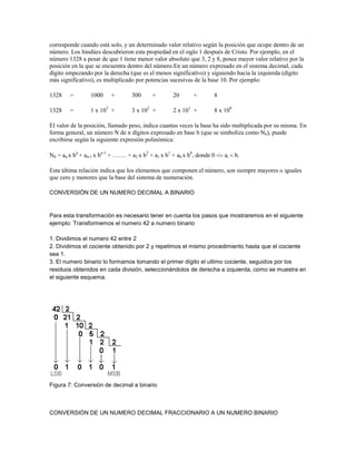 corresponde cuando está solo, y un determinado valor relativo según la posición que ocupe dentro de un
número. Los hindúes descubrieron esta propiedad en el siglo 1 después de Cristo. Por ejemplo, en el
número 1328 a pesar de que 1 tiene menor valor absoluto que 3, 2 y 8, posee mayor valor relativo por la
posición en la que se encuentra dentro del número.En un número expresado en el sistema decimal, cada
dígito empezando por la derecha (que es el menos significativo) y siguiendo hacia la izquierda (dígito
más significativo), es multiplicado por potencias sucesivas de la base 10. Por ejemplo:

1328    =        1000     +        300      +        20      +        8

1328    =        1 x 103 +         3 x 102 +         2 x 101 +        8 x 100

El valor de la posición, llamado peso, indica cuantas veces la base ha sido multiplicada por su misma. En
forma general, un número N de n dígitos expresado en base b (que se simboliza como Nb), puede
escribirse según la siguiente expresión polinómica:

Nb = an x bn + an-1 x bn-1 + ……. + a2 x b2 + a1 x b1 + a0 x b0, donde 0   ai    b.

Esta última relación indica que los elementos que componen el número, son siempre mayores o iguales
que cero y menores que la base del sistema de numeración.

CONVERSIÓN DE UN NUMERO DECIMAL A BINARIO


Para esta transformación es necesario tener en cuenta los pasos que mostraremos en el siguiente
ejemplo: Transformemos el numero 42 a numero binario

1. Dividimos el numero 42 entre 2
2. Dividimos el cociente obtenido por 2 y repetimos el mismo procedimiento hasta que el cociente
sea 1.
3. El numero binario lo formamos tomando el primer dígito el ultimo cociente, seguidos por los
residuos obtenidos en cada división, seleccionándolos de derecha a izquierda, como se muestra en
el siguiente esquema.




Figura 7: Conversión de decimal a binario



CONVERSIÓN DE UN NUMERO DECIMAL FRACCIONARIO A UN NUMERO BINARIO
 