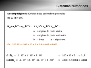 Sistemas Numéricos 
Decomposição de números base decimal em potências 
de 10 (b = 10). 
N10= an.bn-1 + an-1.bn-2 + … + a1.b0 + am.b-1 + am-1.b-2 … 
n = dígitos da parte inteira 
m = dígitos da parte fracionária 
b = base ai = algarismo 
Ex.: 325.453 = 300 + 20 + 5 + 0.4 + 0.05 + 0.003 
(213)10 
(43.84)10 
= 2 . 102 + 1 . 101 + 3 . 100 = 200 + 10 + 3 = 213 
= 4 . 101 + 3 . 100 + 8 . 10-1 + 4 . 10-2 = 40+3+0.8+0.04 = 43.84 
 