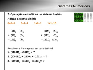 Sistemas Numéricos 
7. Operações aritméticas no sistema binário 
Adição Sistema Binário 
0+0=0 0+1=1 1+0=1 1+1=10 
(11)2 (3)10 (110)2 (6)10 
+ (10)2 (2)10 + (111)2 (7)10 
= (101)2 (5)10 = (1101)2 (13)10 
Resolvam e tirem a prova em base decimal 
1. (11001)2 + (1011)2 = ? 
2. (100111)2 + (1110)2 + (1011)2 = ? 
3. (11011)2 + (1111)2 + (1110)2 = ? 
 