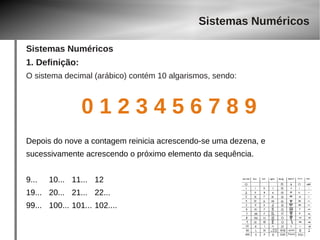 Sistemas Numéricos 
Sistemas Numéricos 
1. Definição: 
O sistema decimal (arábico) contém 10 algarismos, sendo: 
0 1 2 3 4 5 6 7 8 9 
Depois do nove a contagem reinicia acrescendo-se uma dezena, e 
sucessivamente acrescendo o próximo elemento da sequência. 
9... 10... 11... 12 
19... 20... 21... 22... 
99... 100... 101... 102.... 
 