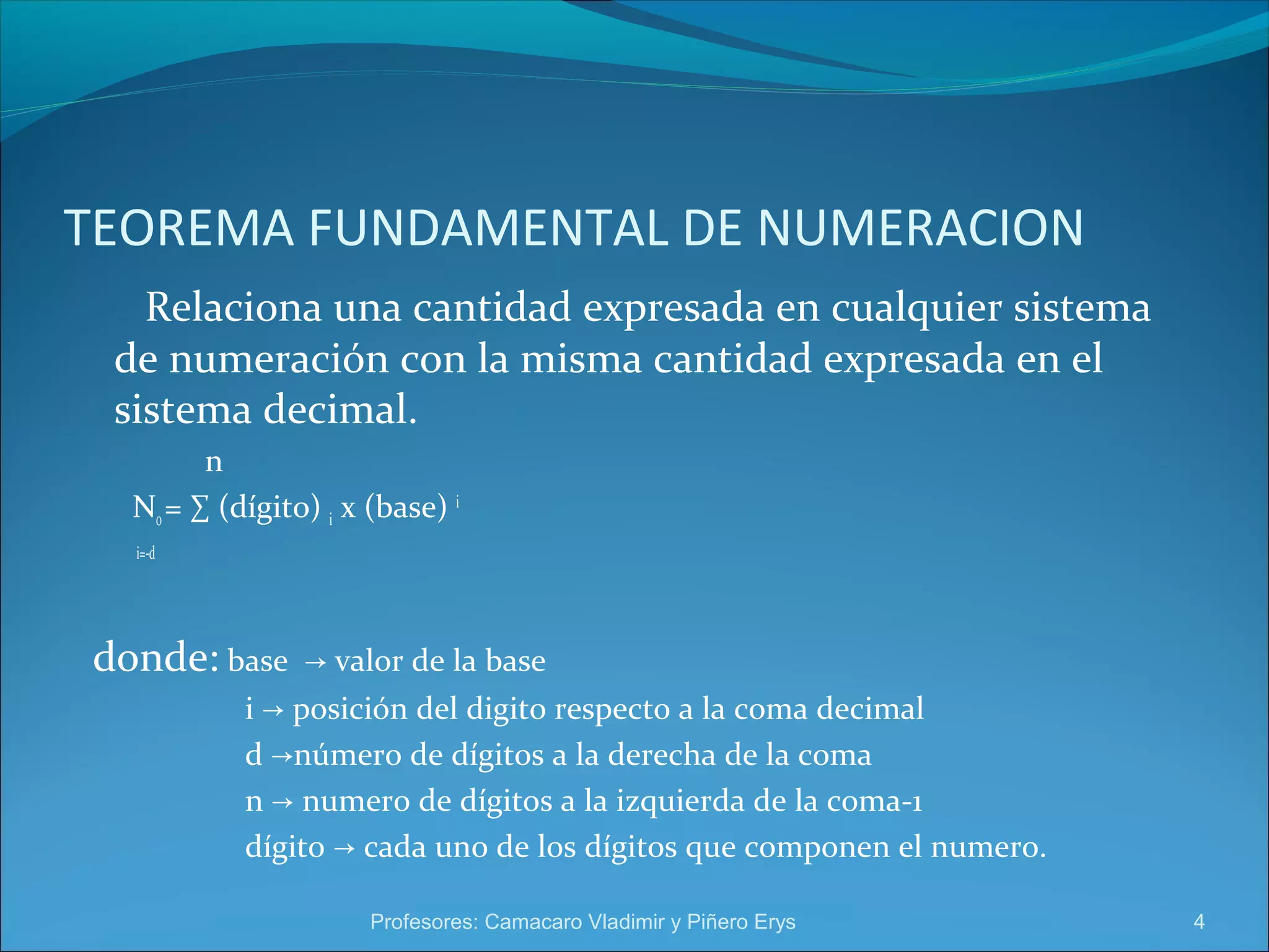 TEOREMA FUNDAMENTAL DE NUMERACION 
Relaciona una cantidad expresada en cualquier sistema 
de numeración con la misma cantidad expresada en el 
sistema decimal. 
n 
No = Σ (dígito) i x (base) i 
i=-d 
donde: base → valor de la base 
i → posición del digito respecto a la coma decimal 
d →número de dígitos a la derecha de la coma 
n → numero de dígitos a la izquierda de la coma-1 
dígito → cada uno de los dígitos que componen el numero. 
Profesores: Camacaro Vladimir y Piñero Erys 4 
 