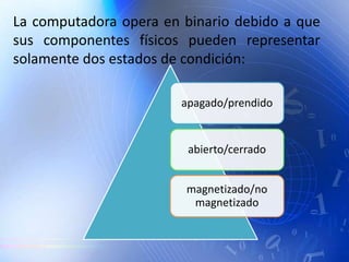 La computadora opera en binario debido a que
sus componentes físicos pueden representar
solamente dos estados de condición:
apagado/prendido
abierto/cerrado
magnetizado/no
magnetizado
 