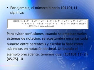 • Por ejemplo, el número binario 101101,11
significa:
Para evitar confusiones, cuando se emplean varios
sistemas de notación, se acostumbra encerrar cada
número entre paréntesis y escribir la base como
subíndice, en notación decimal. Utilizando el
ejemplo precedente, tenemos que: (101101,11) 2 =
(45,75) 10
 