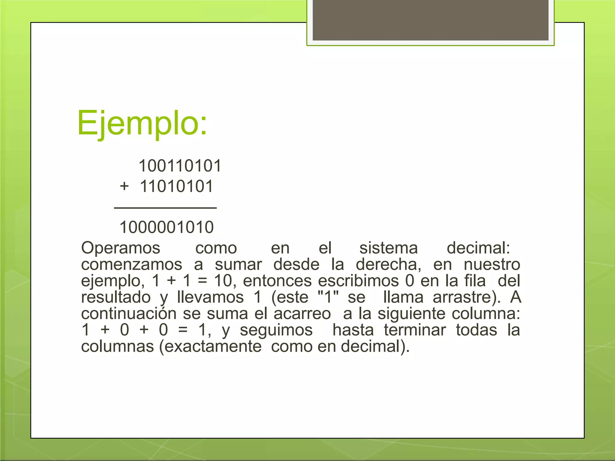 Ejemplo:
100110101
+ 11010101
——————
1000001010
Operamos como en el sistema decimal:
comenzamos a sumar desde la derecha, en nuestro
ejemplo, 1 + 1 = 10, entonces escribimos 0 en la fila del
resultado y llevamos 1 (este "1" se llama arrastre). A
continuación se suma el acarreo a la siguiente columna:
1 + 0 + 0 = 1, y seguimos hasta terminar todas la
columnas (exactamente como en decimal).
 