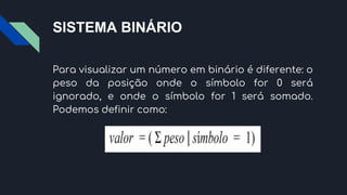 SISTEMA BINÁRIO
Para visualizar um número em binário é diferente: o
peso da posição onde o símbolo for 0 será
ignorado, e onde o símbolo for 1 será somado.
Podemos definir como:
 