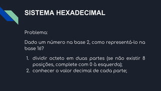 SISTEMA HEXADECIMAL
Problema:
Dado um número na base 2, como representá-lo na
base 16?
1. dividir octeto em duas partes (se não existir 8
posições, complete com 0 à esquerda);
2. conhecer o valor decimal de cada parte;
 