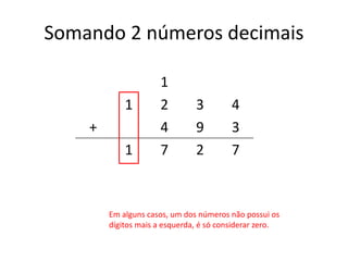 Somando 2 números decimais 
1 
1 2 3 4 
+ 4 9 3 
1 7 2 7 
Em alguns casos, um dos números não possui os 
dígitos mais a esquerda, é só considerar zero. 
 