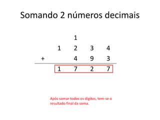 Somando 2 números decimais 
1 
1 2 3 4 
+ 4 9 3 
1 7 2 7 
Após somar todos os dígitos, tem-se o 
resultado final da soma. 
 
