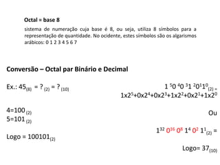 Octal = base 8 
sistema de numeração cuja base é 8, ou seja, utiliza 8 símbolos para a 
representação de quantidade. No ocidente, estes símbolos são os algarismos 
arábicos: 0 1 2 3 4 5 6 7 
Conversão – Octal par Binário e Decimal 
Ex.: 45(8) = ? (2) = ? (10) 
4=100 (2) 
5=101 (2) 
Logo = 100101(2) 
1 50 40 31 20110 
(2) = 
1x25+0x24+0x23+1x22+0x21+1x20 
Ou 
132 016 08 14 02 11 
(2) = 
Logo= 37(10) 
 