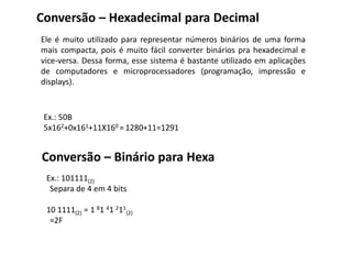 Conversão – Hexadecimal para Decimal 
Ele é muito utilizado para representar números binários de uma forma 
mais compacta, pois é muito fácil converter binários pra hexadecimal e 
vice-versa. Dessa forma, esse sistema é bastante utilizado em aplicações 
de computadores e microprocessadores (programação, impressão e 
displays). 
Ex.: 50B 
5x162+0x161+11X160 = 1280+11=1291 
Conversão – Binário para Hexa 
Ex.: 101111(2) 
Separa de 4 em 4 bits 
10 1111(2) = 1 81 41 211 
(2) 
=2F 
