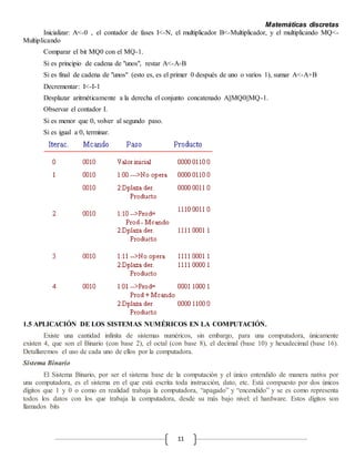 Matemáticas discretas
11
Inicializar: A<-0 , el contador de fases I<-N, el multiplicador B<-Multiplicador, y el multiplicando MQ<-
Multiplicando
Comparar el bit MQ0 con el MQ-1.
Si es principio de cadena de "unos", restar A<-A-B
Si es final de cadena de "unos" (esto es, es el primer 0 después de uno o varios 1), sumar A<-A+B
Decrementar: I<-I-1
Desplazar aritméticamente a la derecha el conjunto concatenado A||MQ0||MQ-1.
Observar el contador I.
Si es menor que 0, volver al segundo paso.
Si es igual a 0, terminar.
1.5 APLICACIÓN DE LOS SISTEMAS NUMÉRICOS EN LA COMPUTACIÓN.
Existe una cantidad infinita de sistemas numéricos, sin embargo, para una computadora, únicamente
existen 4, que son el Binario (con base 2), el octal (con base 8), el decimal (base 10) y hexadecimal (base 16).
Detallaremos el uso de cada uno de ellos por la computadora.
Sistema Binario
El Sistema Binario, por ser el sistema base de la computación y el único entendido de manera nativa por
una computadora, es el sistema en el que está escrita toda instrucción, dato, etc. Está compuesto por dos únicos
dígitos que 1 y 0 o como en realidad trabaja la computadora, “apagado” y “encendido” y se es como representa
todos los datos con los que trabaja la computadora, desde su más bajo nivel: el hardware. Estos dígitos son
llamados bits
 