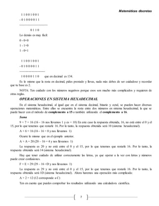 Matemáticas discretas
7
1 1 0 0 1 0 0 1
- 0 1 0 0 0 0 1 1
------------------------
0 1 1 0
Lo demás es muy fácil:
0 - 0=0
1 - 1=0
1 - 0=1
1 1 0 0 1 0 0 1
- 0 1 0 0 0 0 1 1
------------------------
1 0 0 0 0 1 1 0 que en decimal es 134.
Es lo mismo que la resta en decimal, pides prestado y llevas, nada más debes de ser cuidadoso y recordar
que tu base es 2.
NOTA: Ten cuidado con los números negativos porque esos son mucho más complicados y requieren de
otras reglas.
OPERACIONES EN SISTEMA HEXADECIMAL
En el sistema hexadecimal, al igual que en el sistema decimal, binario y octal, se pueden hacer diversas
operaciones matemáticas. Entre ellas se encuentra la resta entre dos números en sistema hexadecimal, la que se
puede hacer con el método de complemento a 15 o también utilizando el complemento a 16.
Suma
9 + 7 = 16 (16 - 16 nos llevamos 1 y es = 10) En este caso la respuesta obtenida, 16, no está entre el 0 y el
15, por lo que tenemos que restarle 16. Por lo tanto, la respuesta obtenida será 10 (sistema hexadecimal).
A + 6 = 16 (16 - 16 = 0 y nos llevamos 1)
Ocurre lo mismo que en el ejemplo anterior.
A + A = 20 (20 – 16 = 4 y nos llevamos 1)
La respuesta es 20 y no está entre el 0 y el 15, por lo que tenemos que restarle 16. Por lo tanto, la
respuesta obtenida será 14 (sistema hexadecimal).
Hay que tener cuidado de utilizar correctamente las letras, ya que operar a la vez con letras y números
puede crear confusiones.
F + E = 29 (29 – 16 =D y nos llevamos 1)
La respuesta es 29 y no está entre el 0 y el 15, por lo que tenemos que restarle 16. Por lo tanto, la
respuesta obtenida será 1D (sistema hexadecimal). Ahora haremos una operación más complicada:
A + 2 = 12 (12 corresponde a C)
Ten en cuenta que puedes comprobar los resultados utilizando una calculadora científica.
 