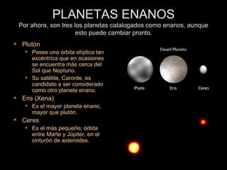 PLANETAS ENANOS Por ahora, son tres los planetas catalogados como enanos, aunque esto puede cambiar pronto. Plutón Posee una órbita elíptica tan excéntrica que en ocasiones se encuentra más cerca del Sol que Neptuno. Su satélite, Caronte, es candidato a ser considerado como otro planeta enano. Eris (Xena) Es el mayor planeta enano, mayor que plutón. Ceres  Es el más pequeño; órbita entre Marte y Júpiter, en el cinturón de asteroides. 