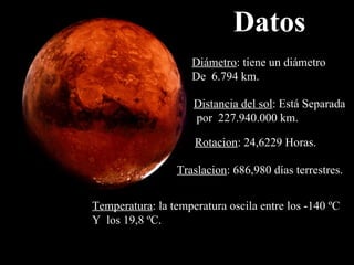 Datos Diámetro : tiene un diámetro De  6.794 km. Distancia del sol : Está Separada por  227.940.000 km. Rotacion : 24,6229 Horas. Traslacion :  686,980 días terrestres. Temperatura : la temperatura oscila entre los -140 ºC Y  los 19,8 ºC. 