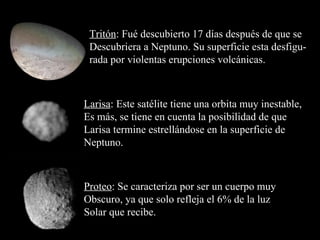 Tritón : Fué descubierto 17 días después de que se Descubriera a Neptuno. Su superficie esta desfigu- rada por violentas erupciones volcánicas. Larisa : Este satélite tiene una orbita muy inestable, Es más, se tiene en cuenta la posibilidad de que Larisa termine estrellándose en la superficie de Neptuno. Proteo : Se caracteriza por ser un cuerpo muy  Obscuro, ya que solo refleja el 6% de la luz  Solar que recibe. 