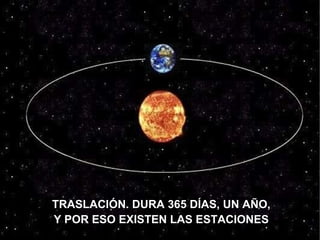 TRASLACIÓN. DURA 365 DÍAS, UN AÑO, Y POR ESO EXISTEN LAS ESTACIONES 