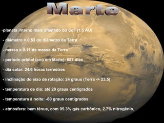 Marte planeta interno mais afastado do Sol  (1.5 AU)  - diâmetro = 0.53 do diâmetro da Terra - massa = 0.11 da massa da Terra - período orbital (ano em Marte): 687 dias - dia solar: 24.6 horas terrestres - inclinação do eixo de rotação: 24 graus (Terra -> 23.5)  - temperatura de dia: até 20 graus centígrados - temperatura à noite: -60 graus centígrados - atmosfera: bem tênue, com 95.3% gás carbônico, 2.7% nitrogênio. 