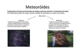 Meteoróides<br />Fragmentos rochosos provenientes do espaço antes de entrarem na atmosfera terrestre.<br />Os meteoróides ...