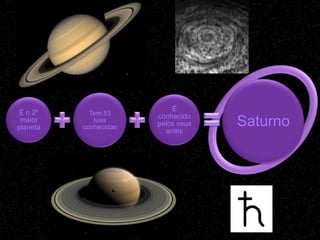 É
 É o 2º     Tem 53     conhecido
 maior
planeta
             luas
          conhecidas   pelos seus
                         anéis
                                    Saturno
 