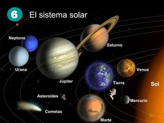 6         El sistema solar

Neptuno
                                     Saturno




  Urano                                               Venus

                         Júpiter           Tierra              Sol

            Asteroides
                                                    Mercurio

               Cometas
                                                               83
                                   Marte
 