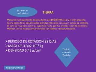 La tierra en
Wikipedia

TIERRA

Mercurio es el planeta del Sistema Solar más próximo al Sol y el más pequeño.
Forma parte de los denominados planetas interiores o rocosos y carece de satélites.
Se conocía muy poco sobre su superficie hasta que fue enviada la sonda planetaria
Mariner 10 y se hicieron observaciones con radares y radiotelescopios.

PERIODO DE ROTACION 88 DIAS
MASA DE 3,302·1023 kg
DENSIDAD 5,43 g/cm3

Regresar al índice

Visitar
video de
Youtube

 
