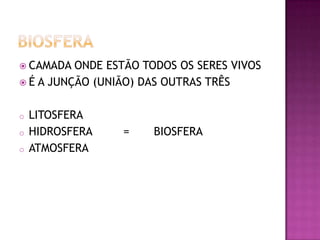  CAMADA

ONDE ESTÃO TODOS OS SERES VIVOS
 É A JUNÇÃO (UNIÃO) DAS OUTRAS TRÊS
o

o
o

LITOSFERA
HIDROSFERA
ATMOSFERA

=

BIOSFERA

 