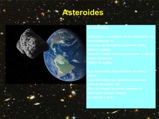 Asteroides
ASTEROIDES
Ubicación: La mayoría de los asteroides se
encuentran en el
cinturón de asteroides existente entre
Marte y Júpiter.
Tamaño: Desde aproximadamente ½ millas
hasta cientos de
millas de ancho
Los asteroides están hechos de roca y
metal.
Los asteroides son grandes rocas que
orbitan alrededor del
Sol. La imagen de arriba muestra al
asteroide Gaspar. Gaspar
es marrón y gris.
 