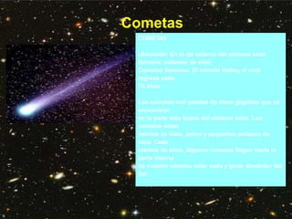 Cometas
COMETAS
Ubicación: En el eje externo del sistema solar
Número: millones de ellos
Cometas famosos: El cometa Halley, el cual
regresa cada
76 años.
Los cometas son pelotas de nieve gigantes que se
encuentran
en la parte más lejana del sistema solar. Los
cometas están
hechos de hielo, polvo y pequeños pedazos de
roca. Cada
cientos de años, algunos cometas llegan hasta la
parte interna
de nuestro sistema solar cada y giran alrededor del
Sol.
 