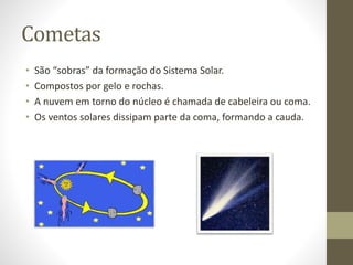 Cometas
• São “sobras” da formação do Sistema Solar.
• Compostos por gelo e rochas.
• A nuvem em torno do núcleo é chamada de cabeleira ou coma.
• Os ventos solares dissipam parte da coma, formando a cauda.
 