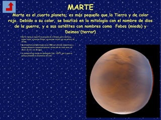 MARTE
Marte es el cuarto planeta; es más pequeño que la Tierra y de color
rojo. Debido a su color, se bautizó en la mitología con el nombre de dios
de la guerra, y a sus satélites con nombres como Fobos (miedo) y
Deimos (terror)
➢Marte tiene su superficie surcada de cráteres, pero destaca,
sobre todos, el monte Olimpo, un enorme volcán con una altura de
25 km.
➢Su atmósfera está formada en un 95% por dióxido de carbono y,
aunque presenta casquetes polares, estos son de hielo seco, es
decir, de CO²
, no de agua.
➢Su temperatura media es demasiado fría, -150ºC, por lo que no
parece probable la existencia de vida.
 