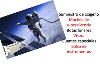 Suministro de oxígeno
Mochila de
supervivencia
Botas lunares
Visera
Guantes especiales
Bolsa de
instrumentos
 