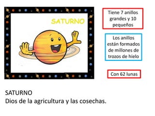 SATURNO
Dios de la agricultura y las cosechas.
Tiene 7 anillos
grandes y 10
pequeños
Los anillos
están formados
de millones de
trozos de hielo
Con 62 lunas
 