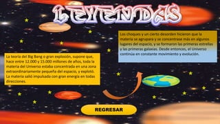 REGRESAR
La teoría del Big Bang o gran explosión, supone que,
hace entre 12.000 y 15.000 millones de años, toda la
materia del Universo estaba concentrada en una zona
extraordinariamente pequeña del espacio, y explotó.
La materia salió impulsada con gran energía en todas
direcciones.
Los choques y un cierto desorden hicieron que la
materia se agrupara y se concentrase más en algunos
lugares del espacio, y se formaron las primeras estrellas
y las primeras galaxias. Desde entonces, el Universo
continúa en constante movimiento y evolución.
 