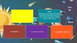Características
Origen
Se calcula que el origen del Sistema
Solar haya tomado lugar hace 4568
millones de años, debido al colapso
de una nube molecular en nuestra
galaxia, la Vía Láctea.
Los planetas: 1.Los planetas interiores. 2. Los planetas exteriores
 