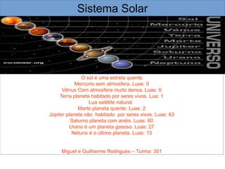Sistema Solar
O sol é uma estrela quente.
Mercúrio sem atmosfera. Luas: 0
Vênus Com atmosfera muito densa. Luas: 0
Terra planeta habitado por seres vivos. Lua: 1
Lua satélite natural.
Marte planeta quente. Luas: 2
Júpiter planeta não habitado por seres vivos. Luas: 63
Saturno planeta com anéis. Luas: 60
Urano é um planeta gasoso. Luas: 27
Netuno é o último planeta. Luas: 13
Miguel e Guilherme Rodrigues – Turma: 301
 