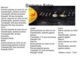Sistema SolarMercúrio
Primeiro planeta ao redor do sol.
Classificação: planeta rochoso
Translação: 88 dias terrestres
Rotação: 58 dias terrestres
Vênus: segundo ao redor do Sol
Classificação: planeta rochoso
Translação: 225 dias terrestres
Rotação:243 dias terrestres
Terra
Terceiro planeta ao redor do sol
Classificação: planeta rochoso.
Translação:360, 25 dias
terrestres.
Rotação:23h56.
Marte
Quarto planeta ao redor do sol
Classificação:planeta rochoso
Traslação:687 dias terrestres
Rotação:24h37
Júpiter
Quinto planeta ao redor do sol
Classificação: planeta gigante
gasoso.
Translação:11.8 anos terrestres.
Rotação:10h.
Saturno
Sexto planeta ao redor do sol.
Classificação:
Planeta gigante gasoso
Traslação: 27 anos terrestres
Rotação:10h36
Urano
Sétimo planeta ao redor
do sol.
Classificação: planeta
gigante gelado.
Netuno
oitavo planeta ao redor
do sol.
Classificação: planeta
gigante gelado.
Rafael e Cauã – T:301
 