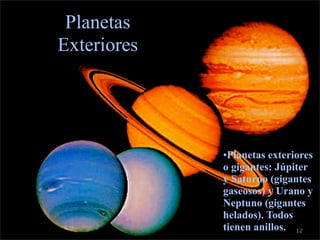 c

     Planetas
    Exteriores




                 •Planetas exteriores
                 o gigantes: Júpiter
                 y Saturno (gigantes
                 gaseosos) y Urano y
                 Neptuno (gigantes
                 helados). Todos
                 tienen anillos. 12
 