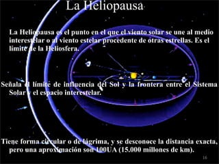 c
                         La Heliopausa
    • La Heliopausa es el punto en el que el viento solar se une al medio
      interestelar o al viento estelar procedente de otras estrellas. Es el
      límite de la Heliosfera.



    Señala el límite de influencia del Sol y la frontera entre el Sistema
      Solar y el espacio interestelar.




    Tiene forma circular o de lágrima, y se desconoce la distancia exacta,
      pero una aproximación son 100UA (15.000 millones de km).
                                                                       16
 