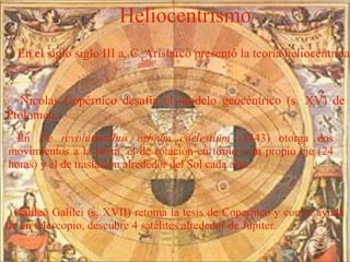 Heliocentrismo
  En el siglo siglo III a. C. Aristarco presentó la teoría heliocéntrica.


  Nicolas Copérnico desafía el modelo geocéntrico (s. XV) de
Ptolomeo.
  En De revolutionibus orbium coelestium (1543) otorga dos
movimientos a la tierra, el de rotación en torno a su propio eje (24
horas) y el de traslación alrededor del Sol cada año.



 Galileo Galilei (s. XVII) retoma la tesis de Copernico y con la ayuda
de un telescopio, descubre 4 satélites alrededor de Júpiter.

                                                                   6
 