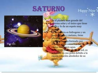 Haz clic.

Es el planeta mas grande del
sistema solar y el único que tiene
anillo y le da un espeto muy
bonito.
La atmosfera es hidrogeno y un
poco de helio y metano, tiene
poca agua .
Cada anillo esta formado por
muchos anillo estrechos las
cuales contienen agua.
Es el sexto planta desde el sol, es
achatado en sus polos debido a la
rápida rotación alrededor de su
propio eje.

 