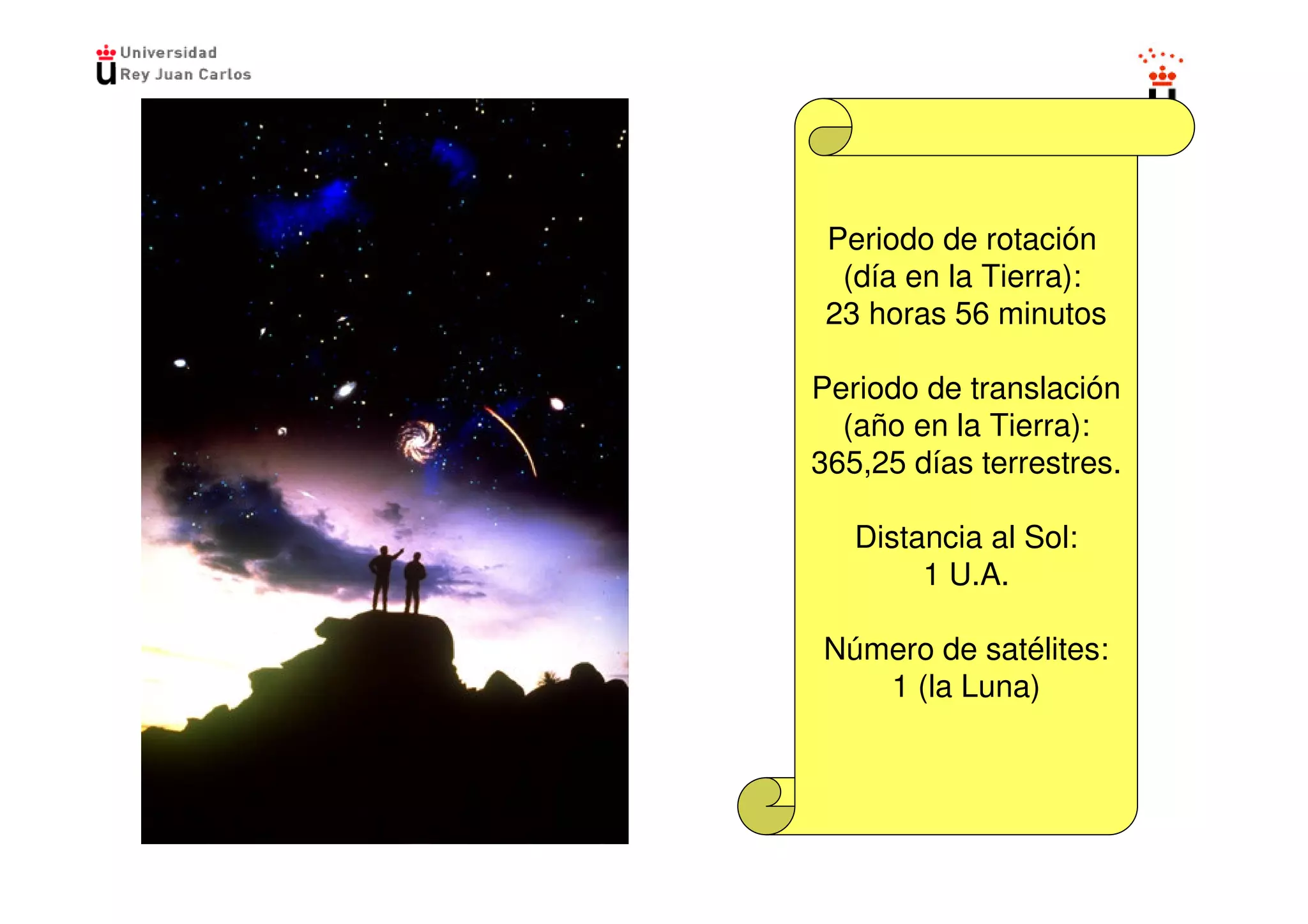 Periodo de rotación
  (día en la Tierra):
 23 horas 56 minutos

Periodo de translación
  (año en la Tierra):
365,25 días terrestres.

   Distancia al Sol:
        1 U.A.

Número de satélites:
   1 (la Luna)
 