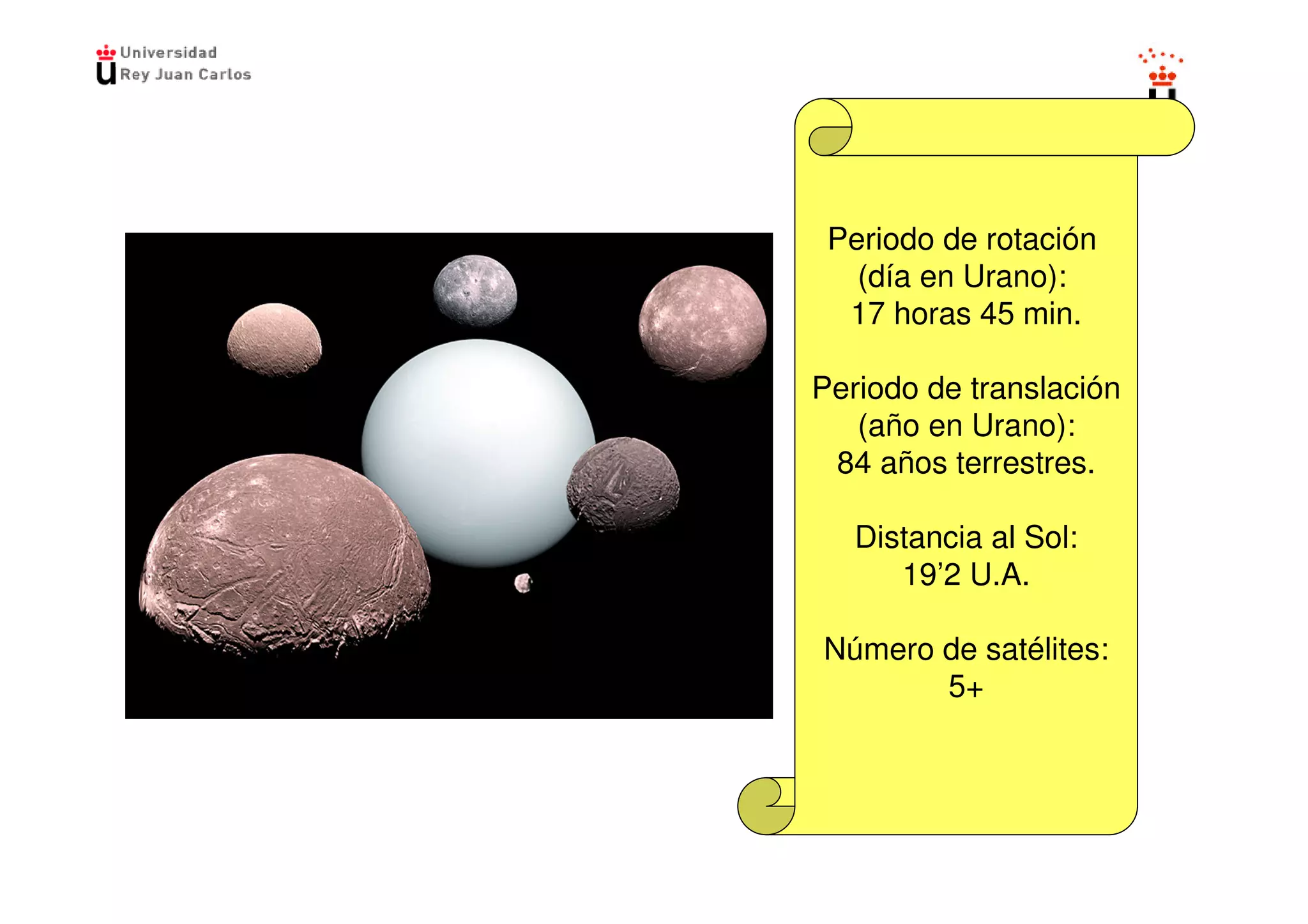 Periodo de rotación
   (día en Urano):
  17 horas 45 min.

Periodo de translación
   (año en Urano):
 84 años terrestres.

   Distancia al Sol:
      19’2 U.A.

Número de satélites:
       5+
 