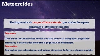 Meteoroides
Meteoros
Tornam-se incandescentes devido ao atrito com o ar, atingindo a superfície
terrestre; A maioria dos meteoros é pequena e se desintegra.
Meteoritos
São pedras que sobrevivem à entrada na atmosfera da Terra e chegam ao chão.
São fragmentos de corpos sólidos naturais, que vindos do espaço
penetram a atmosfera terrestre;
 
