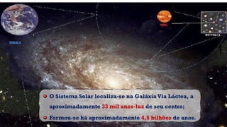 O Sistema Solar localiza-se na GaláxiaVia Láctea, a
aproximadamente 33 mil anos-luz de seu centro;
Formou-se há aproximadamente 4,5 bilhões de anos.
 
