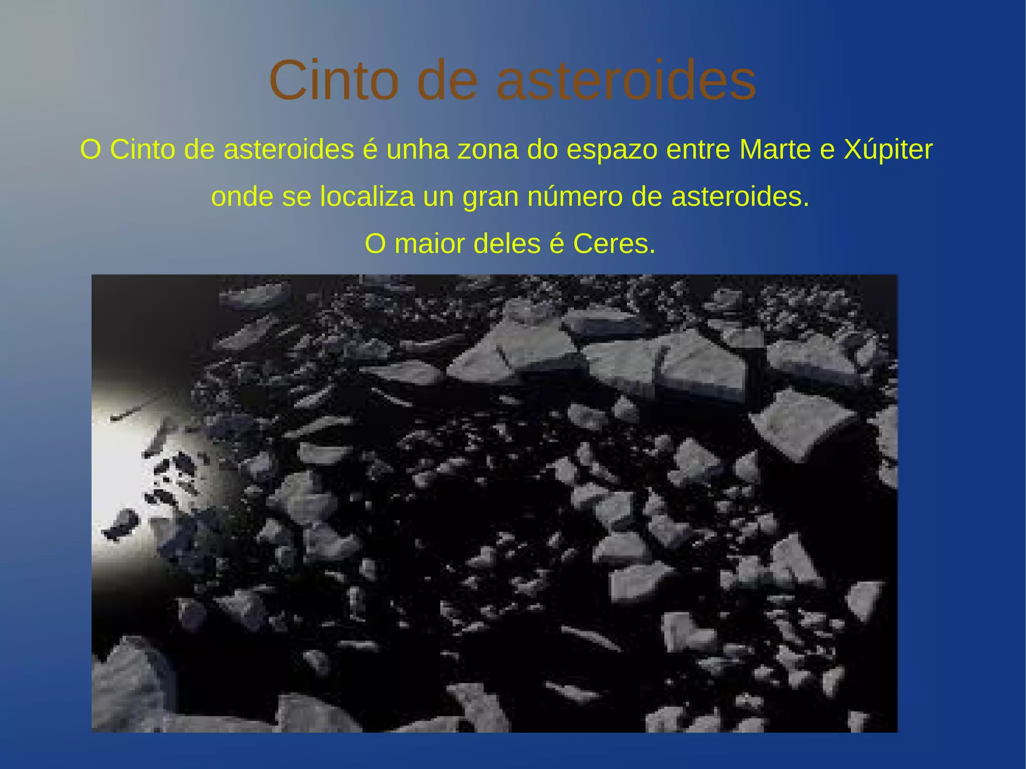 Cinto de asteroides
O Cinto de asteroides é unha zona do espazo entre Marte e Xúpiter
         onde se localiza un gran número de asteroides.
                     O maior deles é Ceres.
 