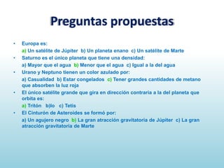 Preguntas propuestas
•

•
•

•

•

Europa es:
a) Un satélite de Júpiter b) Un planeta enano c) Un satélite de Marte
Saturno es el único planeta que tiene una densidad:
a) Mayor que el agua b) Menor que el agua c) Igual a la del agua
Urano y Neptuno tienen un color azulado por:
a) Casualidad b) Estar congelados c) Tener grandes cantidades de metano
que absorben la luz roja
El único satélite grande que gira en dirección contraria a la del planeta que
orbita es:
a) Tritón b)Io c) Tetis
El Cinturón de Asteroides se formó por:
a) Un agujero negro b) La gran atracción gravitatoria de Júpiter c) La gran
atracción gravitatoria de Marte

 