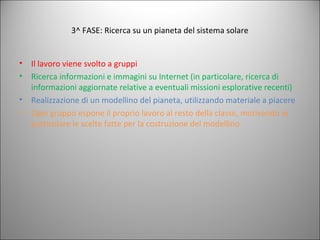 3^ FASE: Ricerca su un pianeta del sistema solare

•
•
•
•

Il lavoro viene svolto a gruppi
Ricerca informazioni e immagini su Internet (in particolare, ricerca di
informazioni aggiornate relative a eventuali missioni esplorative recenti)
Realizzazione di un modellino del pianeta, utilizzando materiale a piacere
Ogni gruppo espone il proprio lavoro al resto della classe, motivando in
particolare le scelte fatte per la costruzione del modellino

 