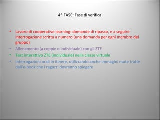 4^ FASE: Fase di verifica

•

•
•
•

Lavoro di cooperative learning: domande di ripasso, e a seguire
interrogazione scritta a numero (una domanda per ogni membro del
gruppo)
Allenamento (a coppie o individuale) con gli ZTE
Test interattivo ZTE (individuale) nella classe virtuale
Interrogazioni orali in itinere, utilizzando anche immagini mute tratte
dall’e-book che i ragazzi dovranno spiegare

 