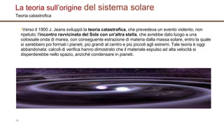 La teoria sull’origine del sistema solare
Teoria catastrofica
▪Verso il 1900 J. Jeans sviluppò la teoria catastrofica, che prevedeva un evento violento, non
ripetuto: l'incontro ravvicinato del Sole con un'altra stella, che avrebbe dato luogo a una
colossale onda di marea, con conseguente estrazione di materia dalla massa solare, entro la quale
si sarebbero poi formati i pianeti, più grandi al centro e più piccoli agli estremi. Tale teoria è oggi
abbandonata: calcoli di verifica hanno dimostrato che il materiale espulso ad alta velocità si
disperderebbe nello spazio, anziché condensare in pianeti.
16
 