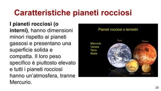 Caratteristiche pianeti rocciosi
I pianeti rocciosi (o
interni), hanno dimensioni
minori rispetto ai pianeti
gassosi e presentano una
superficie solida e
compatta. Il loro peso
specifico è piuttosto elevato
e tutti i pianeti rocciosi
hanno un’atmosfera, tranne
Mercurio.
20
 